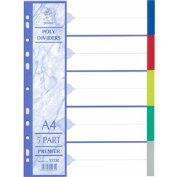 DIVIDER 5 TAB COLOUR A4 PP PLASTIC 22230