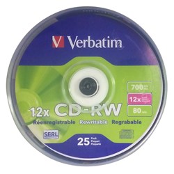 CDR RE-WRITEABLE 74 MINS 12x VERBATIUM SPINDLE 25 CD-RW