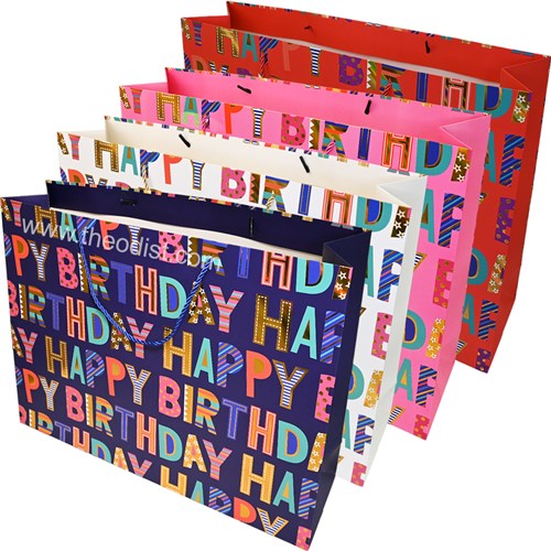 Gift Bag Happy Birthday Assorted Colours Extra-Large 45x34x12cm - Theodist