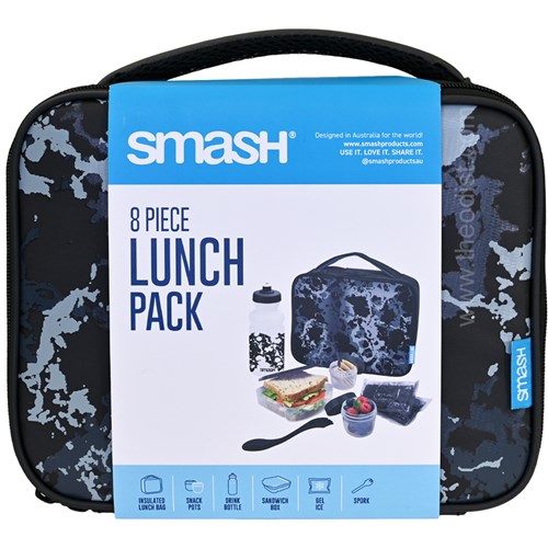 Smash 31774 8 Piece Lunch Pack, Insulated Lunch Bag, Snack Pots, Drinking Bottle, Sandwich Box, Gel Ice, Spork - Theodist