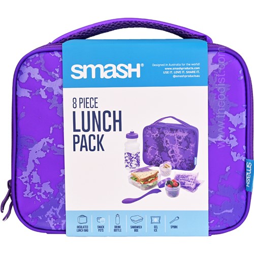 Smash 31775 8 Piece Lunch Pack, Insulated Lunch Bag, Snack Pots, Drink Bottle, Sandwich Box, Gel Ice, Spork - Theodist