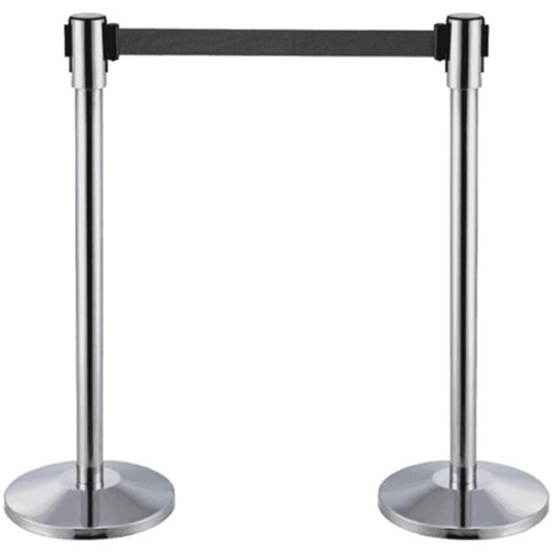 Twinco Barrier Post & Base, 2 Posts, 1.8m Black Belt per Post, Chrome - Theodist