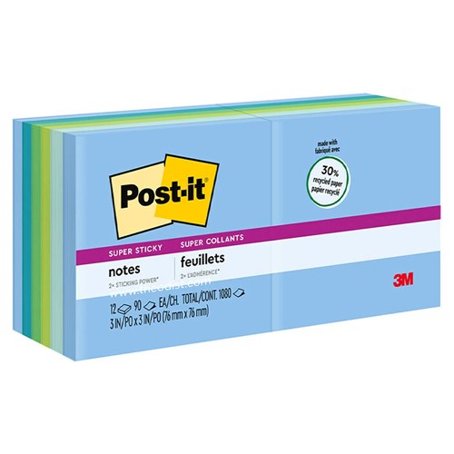 Post-it 654-12SST Super Sticky Notes 2x Sticking Power 1080 Sheets 76x76mm - Theodist