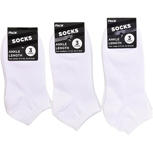 Pace ANKL3P Ankle Length Socks 3 Pairs, White, Small 13-3 UK, Medium 4-7 UK, Large 8-11 UK - Theodist