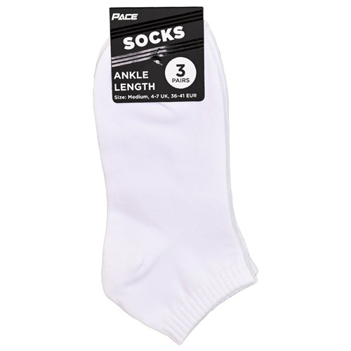 Pace ANKL3P Ankle Length Socks 3 Pairs, White, Small 13-3 UK, Medium 4-7 UK, Large 8-11 UK_2 - Theodist
