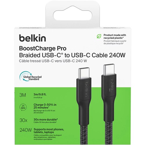 Belkin Boost Charge Pro 240W USB-C to USB-C Braided Data Cable, 3m, Black, CAB025FQ3MBK_1 - Theodist