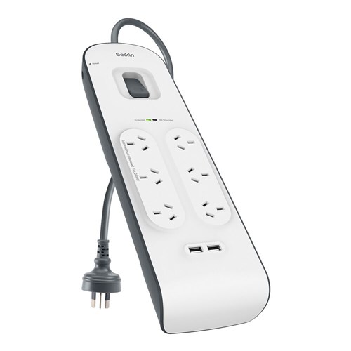 Belkin Surge Plus USB Surge Protector, 6 x AC, 12W, 2M with 2x USB, BSV604AU2M - Theodist