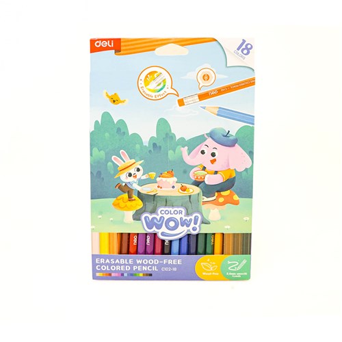 Deli C102-18 Erasable Wood-Free Coloured Pencil, 3.0mm Smooth Leads, 18 Colours - Theodist
