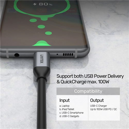 Unitek C14082ABK USB-C Male to Male Fast Data & Charging Cable 1M, 4K@60Hz, 100W_5 - Theodist