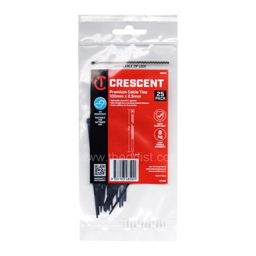 Crescent WB425 Premium Cable Ties, Black, 100mmx2.5mm, 25 Pack, UV Resistant - Theodist