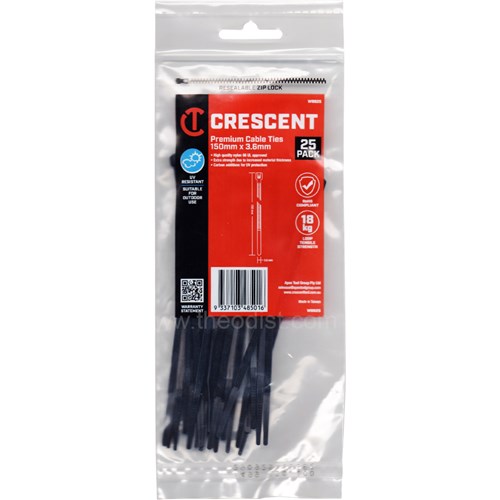 Crescent WB625 Premium Cable Ties, Black, 150x3.6mm, 25 Pack, UV Resistant - Theodist
