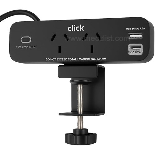 Click CKHP562B Desktop Mounted Powerboard, 1m Cable, Suitable for 14-54mm Desk Thickness, USB Ports Total Output (5V | 4.5A): 1x USB-A + 1x USB-C (5V | 3A Max.) - Theodist
