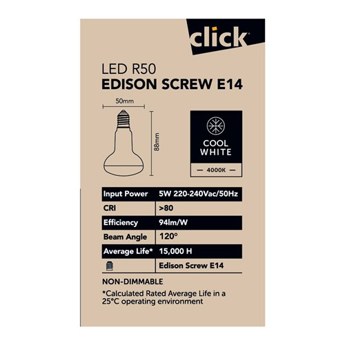 Click LED R50 Edison Screw E14 Bulb Cool White, 470 Lumens, 5 Watt, 2 Pack_2 - Theodist