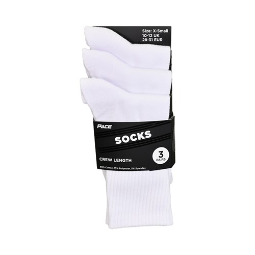 Pace CREW3P Crew Length Socks 3 Pairs, White, X-Small 10-12 UK, Small 13-3 UK, Medium 4-7 UK, Large 8-11 UK_1 - Theodist