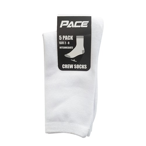 Pace Crew Socks Sizes 13-3, 2-8, 6-10, White, 5 Pack_1 - Theodist
