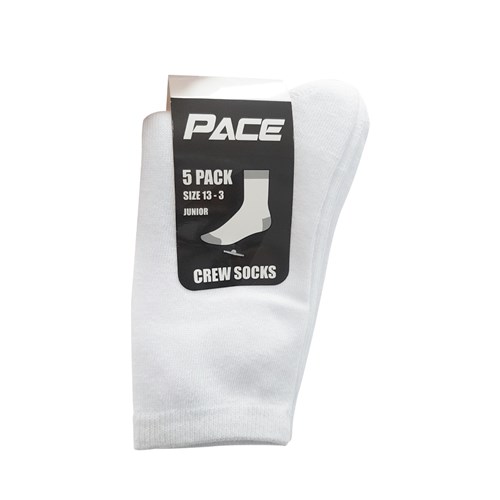 Pace Crew Socks Sizes 13-3, 2-8, 6-10, White, 5 Pack - Theodist