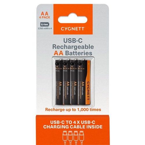 Cygnett AA USB-C Rechargeable Battery, 4-Pack, CY5875CCCRB - Theodist