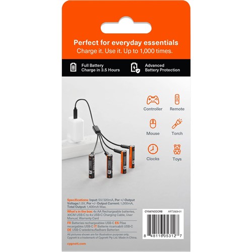 Cygnett AA USB-C Rechargeable Battery, 4-Pack, CY5875CCCRB_1 - Theodist