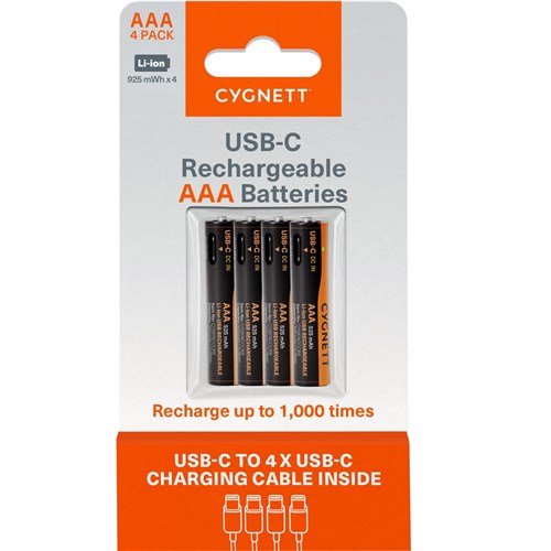 Cygnett AAA USB-C Rechargeable Battery, 4-Pack, CY5874CCCRB - Theodist