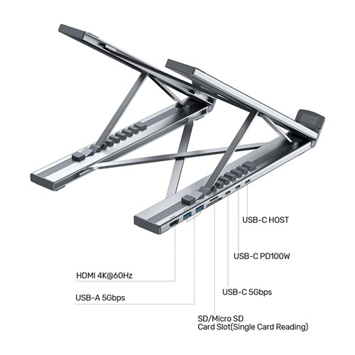 Unitek D1137AGY01 Foldable Laptop Stand + Docking Station 7in1 (2*USB-A USB-C+HDMI+SD/MICRO+PD 100W)_13 - Theodist 