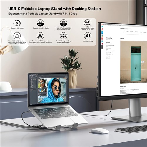 Unitek D1137AGY01 Foldable Laptop Stand + Docking Station 7in1 (2*USB-A USB-C+HDMI+SD/MICRO+PD 100W)_6 - Theodist 