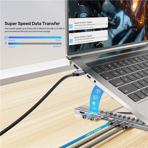 Unitek D1137AGY01 Foldable Laptop Stand + Docking Station 7in1 (2*USB-A USB-C+HDMI+SD/MICRO+PD 100W)_9 - Theodist 