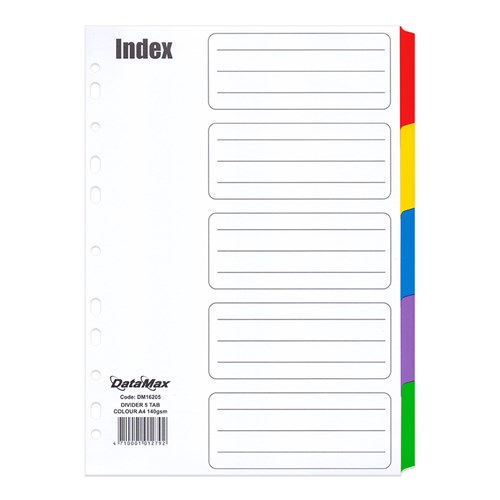 DataMax DM16205 Index Divider 5 Tabs Colours A4 140GSM - Theodist