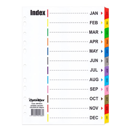 DataMax DM16214 Index Divider 12 Tabs Coloured Months A4 140GSM - Theodist