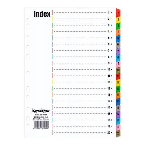 DataMax DM16221 Index Divider 20 Tabs Coloured Numbered A4 140GSM - Theodist