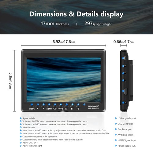 Neewer F100 7" HD Camera Field Monitor Kit & 2600MAH Battery_1 - Theodist