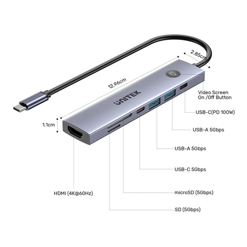 Unitek H1124AGY01 7-in-1 USB-C Hub, 5Gbps, 4K@60Hz, PD100W, SD, Micro SD Card Reader_10 - Theodist
