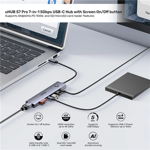 Unitek H1124AGY01 7-in-1 USB-C Hub, 5Gbps, 4K@60Hz, PD100W, SD, Micro SD Card Reader_2 - Theodist