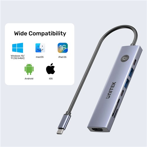 Unitek H1124AGY01 7-in-1 USB-C Hub, 5Gbps, 4K@60Hz, PD100W, SD, Micro SD Card Reader_9 - Theodist