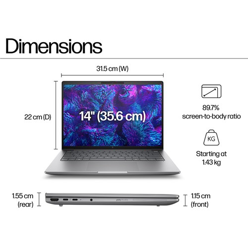 HP ZBook 8 G1i 14” Laptop, U7- 255H, Touch WUXGA, 16GB, 512GB, Win11 Pro, BV8C0PT BNDLED_4 - Theodist