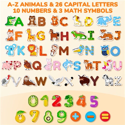 Joycat Magnetic Wooden Animals, 26 Letters, 10 Numbers, 3 Math Symbols Set (65 Pcs) - Theodist