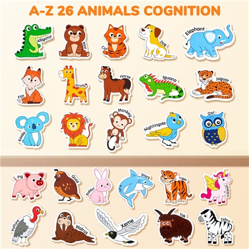 Joycat Magnetic Wooden Animals, 26 Letters, 10 Numbers, 3 Math Symbols Set (65 Pcs)_1 - Theodist