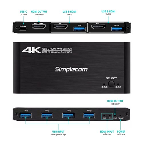 Simplecom KM420 2-Port KVM Switch HDMI 4-Port USB 3.0 Hub Adaptor_2 - Theodist