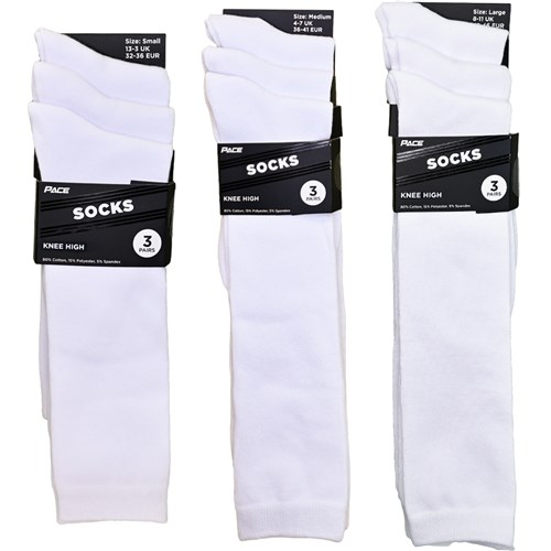Pace KNEE3P Knee High Socks 3 Pairs, White, Small 13-3 UK, Medium 4-7 UK, Large 8-11 UK - Theodist