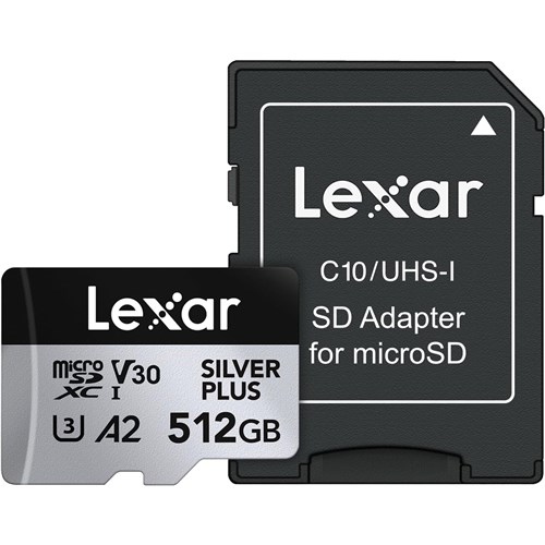 Lexar Micro SDXC UHS-I 512GB Silver Plus Memory Card V30 205MBsR 150MBs + SD Adapter, 843367135356 - Theodist