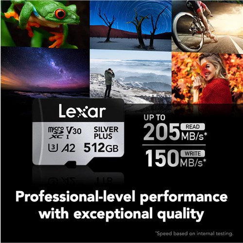 Lexar Micro SDXC UHS-I 512GB Silver Plus Memory Card V30 205MBsR 150MBs + SD Adapter, 843367135356_1 - Theodist