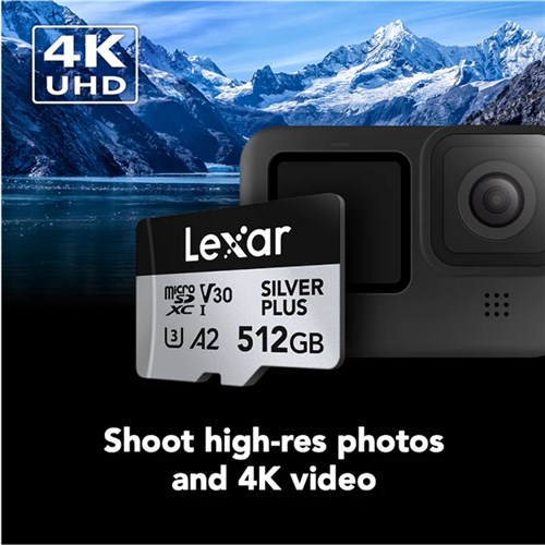 Lexar Micro SDXC UHS-I 512GB Silver Plus Memory Card V30 205MBsR 150MBs + SD Adapter, 843367135356_2 - Theodist