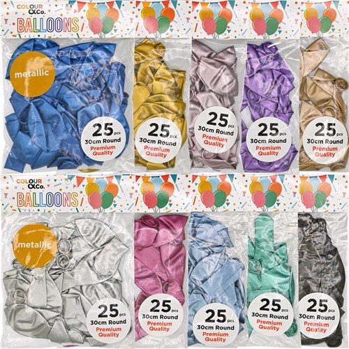 Colour & Co. MB2530 Metallic Balloons, 25 Pcs, 30cm Round, Premium Quality - Theodist