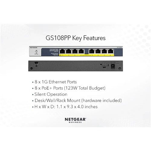 Netgear GS108PP 8-Port Unmanaged Switch, POE+(8) 123W, Life WTY GS108PP-100AJS_3 - Theodist