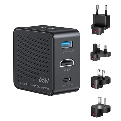 Unitek P1242ABK01 Travel Tri Pro 65W 3-in-1 GaN Wall Charger USB-A, HDMI, USB-C, 4K@60Hz - Theodist