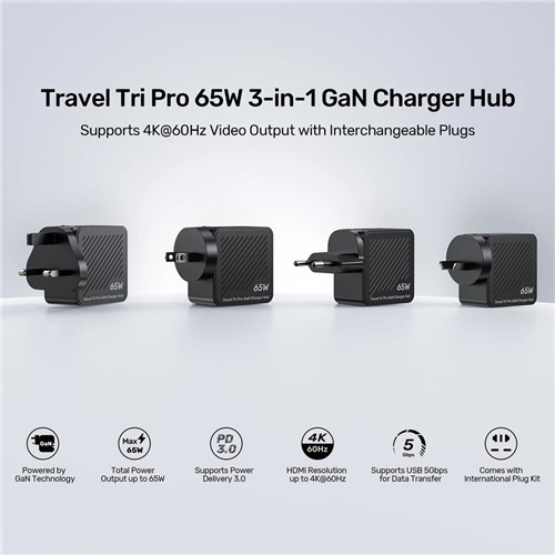 Unitek P1242ABK01 Travel Tri Pro 65W 3-in-1 GaN Wall Charger USB-A, HDMI, USB-C, 4K@60Hz_1 - Theodist