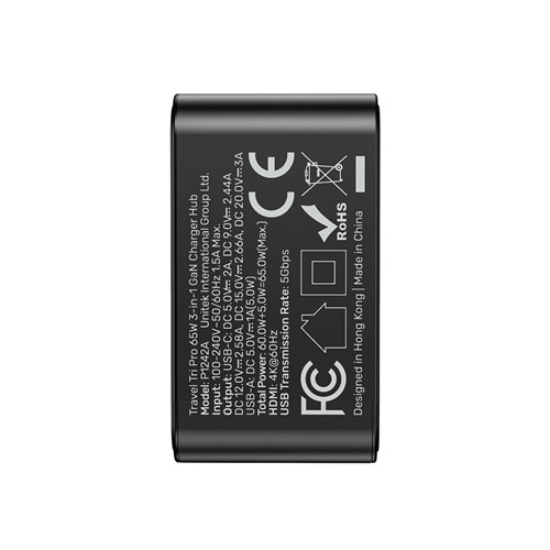 Unitek P1242ABK01 Travel Tri Pro 65W 3-in-1 GaN Wall Charger USB-A, HDMI, USB-C, 4K@60Hz_13 - Theodist