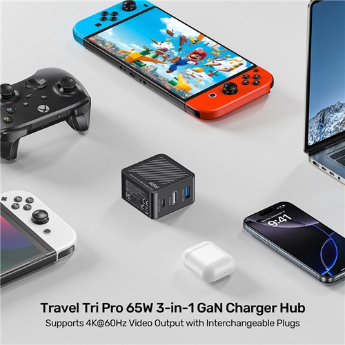 Unitek P1242ABK01 Travel Tri Pro 65W 3-in-1 GaN Wall Charger USB-A, HDMI, USB-C, 4K@60Hz_2 - Theodist