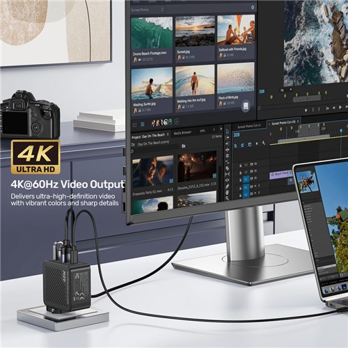 Unitek P1242ABK01 Travel Tri Pro 65W 3-in-1 GaN Wall Charger USB-A, HDMI, USB-C, 4K@60Hz_6 - Theodist