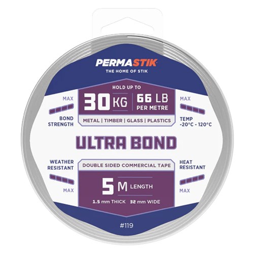 Permastik #119 Double Sided Commercial Tape, Ultra Bond, 5m Length, 1.5mm Thick, 32mm Wide, Holds up to 30kg - Theodist