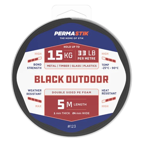 Permastik #123 Double Sided PE Foam Tape, Black Outdoor, 5m Length, 1mm Thick, 24mm Wide, Holds up to 15kg - Theodist